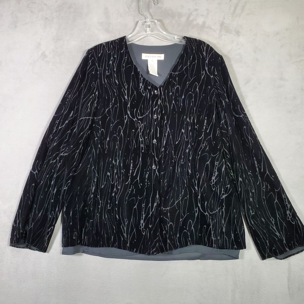 Jones New York Top 12 Black Velvet Burnout Silk Blend Button Whimsigoth Evening